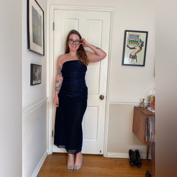 Late 90s Early Y2K Blue Metallic Tube Top Prom Dress - Picture 2 of 6